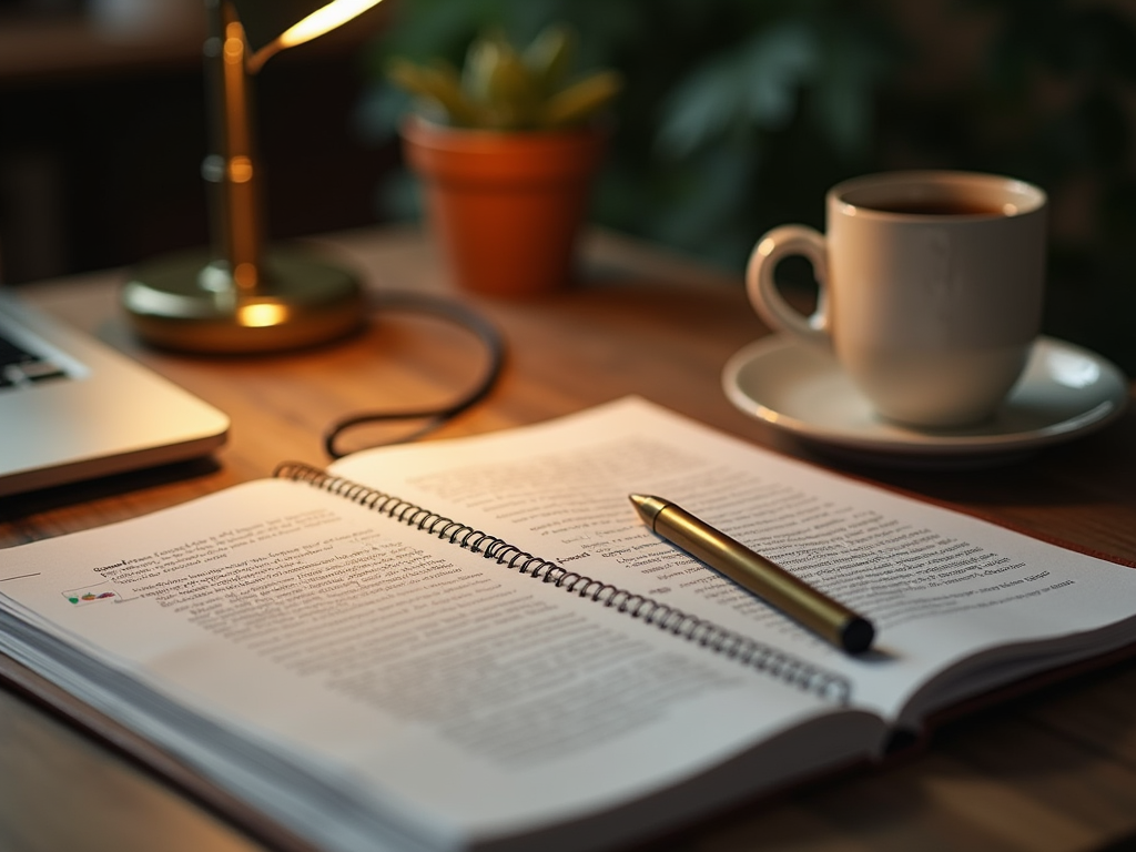 Cozy study scene with an open notebook, pen, laptop, coffee cup, and desk lamp on a wooden table.