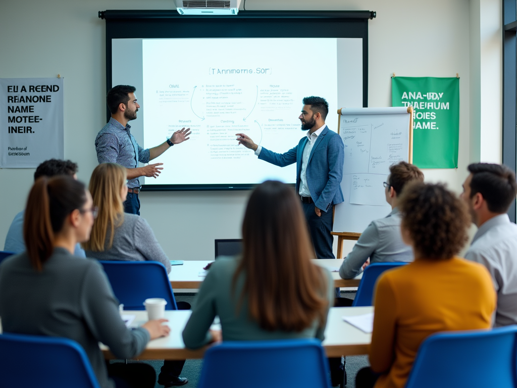 Two men are presenting in front of a classroom, discussing topics displayed on a projector screen, while attendees listen.