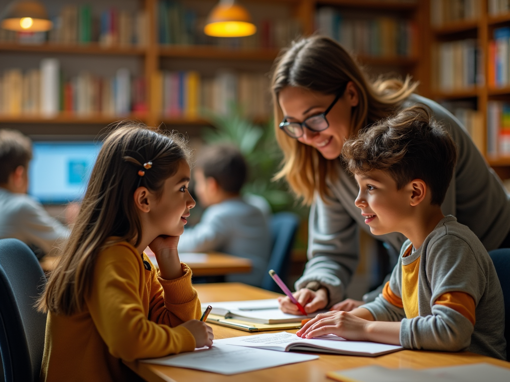 Teacher smiling at young boy and girl studying at a library table with books.