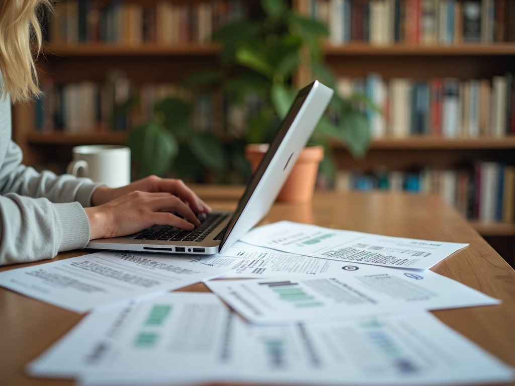 A person typing on a laptop with documents spread out on a wooden table, surrounded by books and a plant.