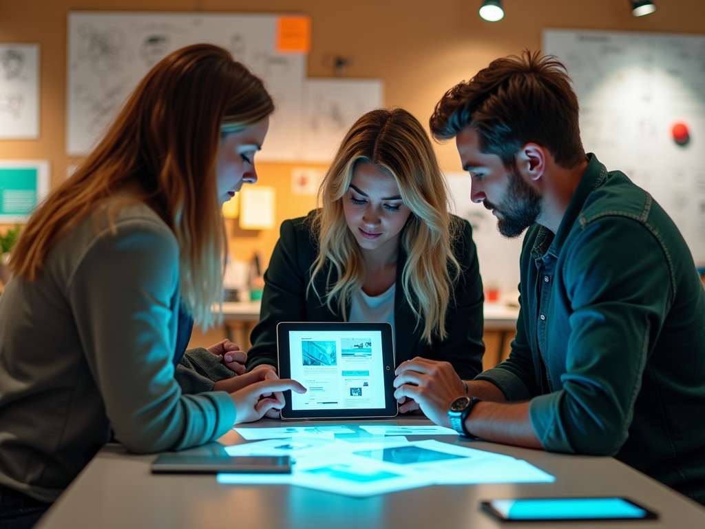 Three colleagues discuss a project on a tablet in a brightly lit office.