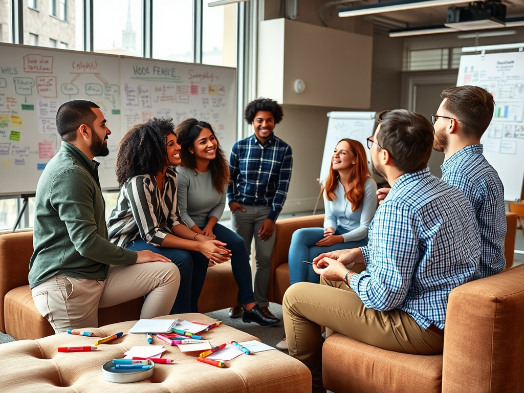 A diverse group of people sitting in a bright room, engaged in a lively discussion and brainstorming session.