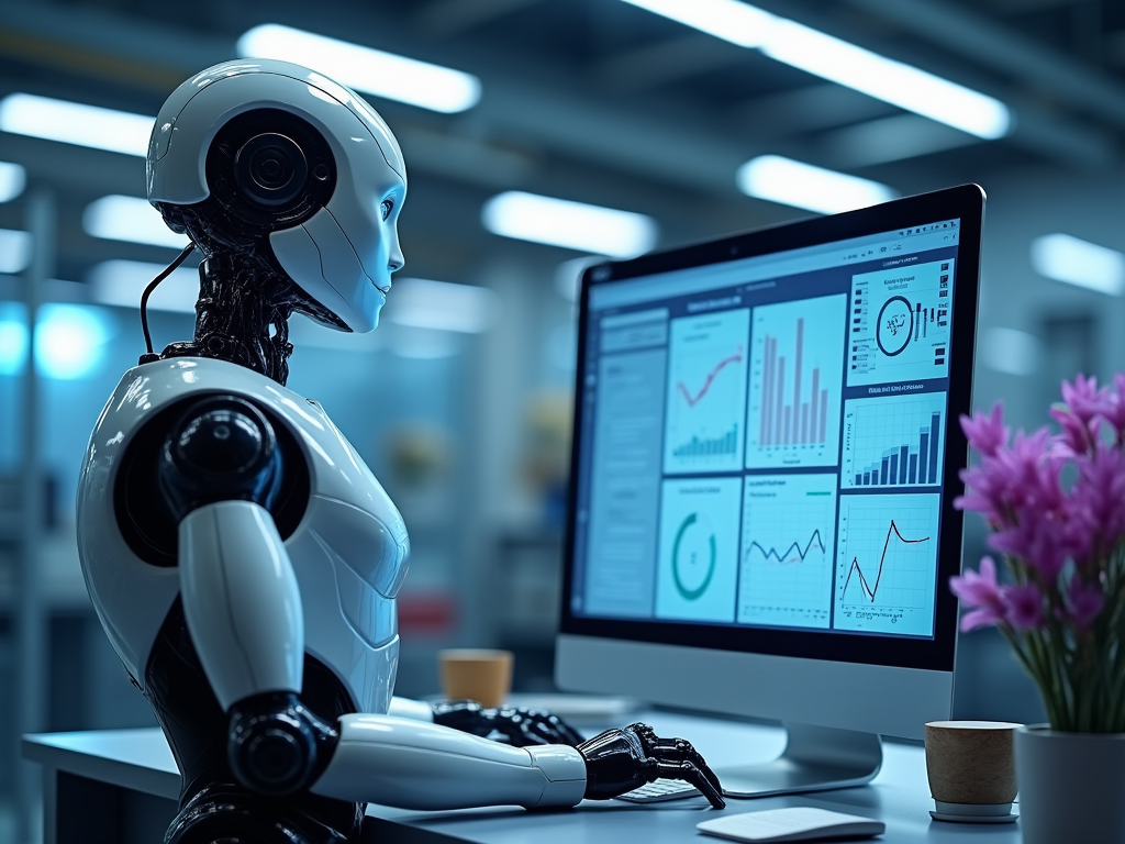 A humanoid robot examining data on a computer screen with various graphs and charts in a modern office.