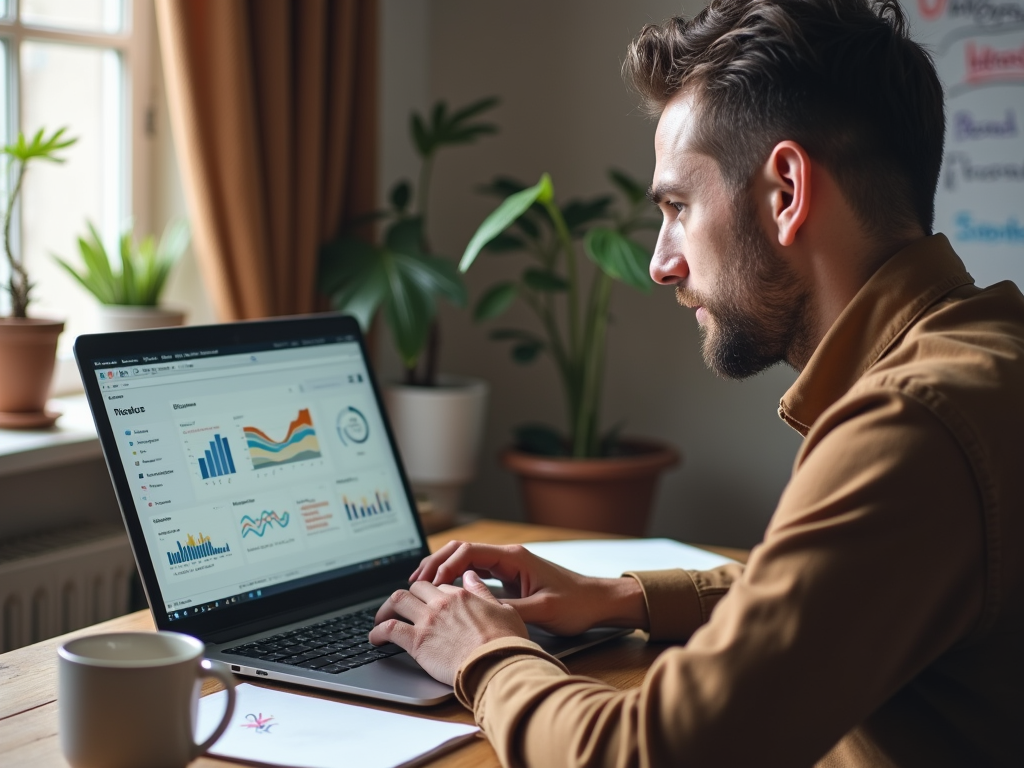 Man analyzing data charts on a laptop in a cozy home office space.