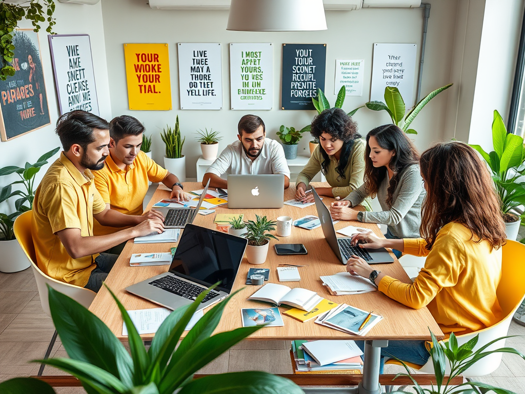 A diverse group of six people work collaboratively at a table with laptops, notebooks, and plants around them.