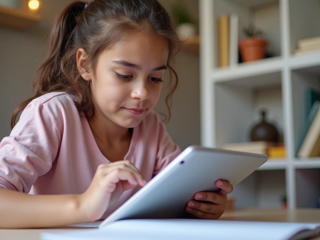 Young girl focused on her tablet at a well-lit desk, with bookshelves in the background.