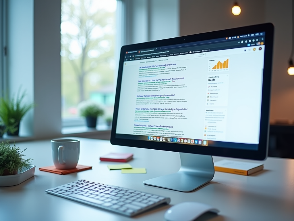 A desktop computer displays a webpage with search results, a coffee mug, and plants on a desk near a window.