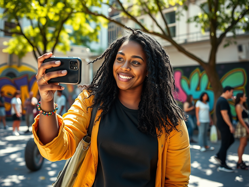 A smiling woman with curly hair takes a selfie in front of a colorful mural, enjoying a vibrant outdoor scene.