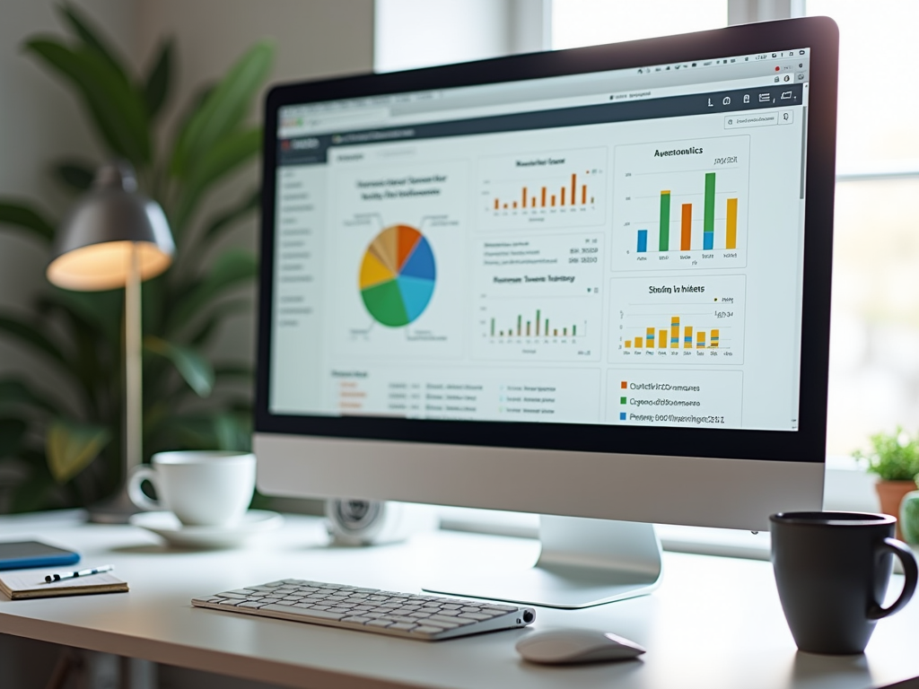 Computer screen displaying colorful graphs and data analysis charts on a desk with a coffee cup.