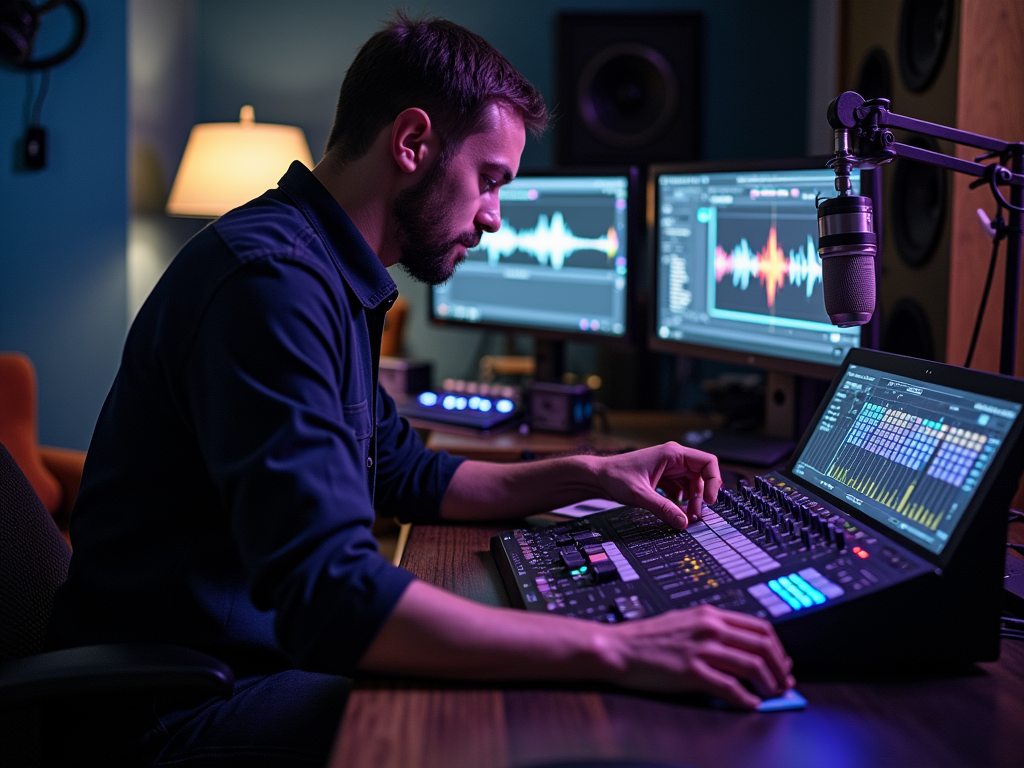 Man in a studio editing audio on a mixing console with microphone and monitors.