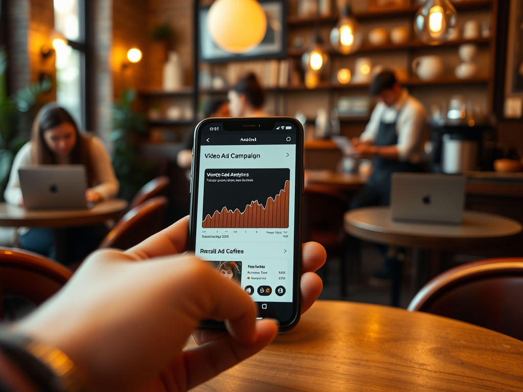 A person holds a smartphone displaying a video ad campaign report in a cozy café with others working nearby.