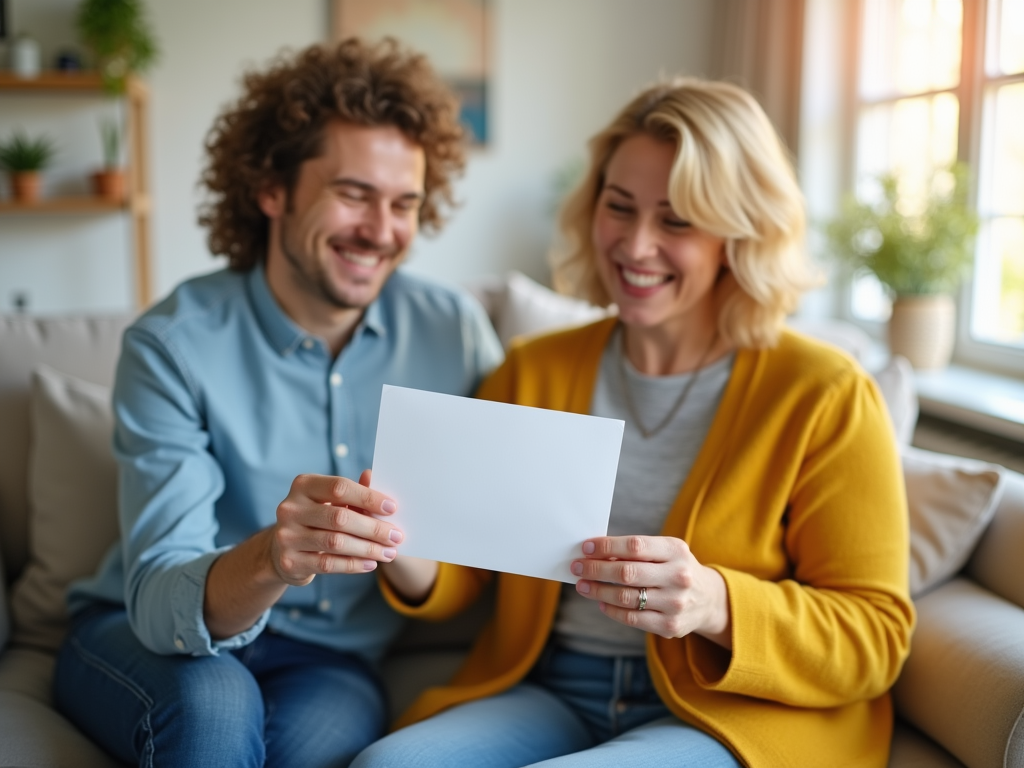 A smiling couple sits together on a couch, holding a blank piece of paper and enjoying a moment.