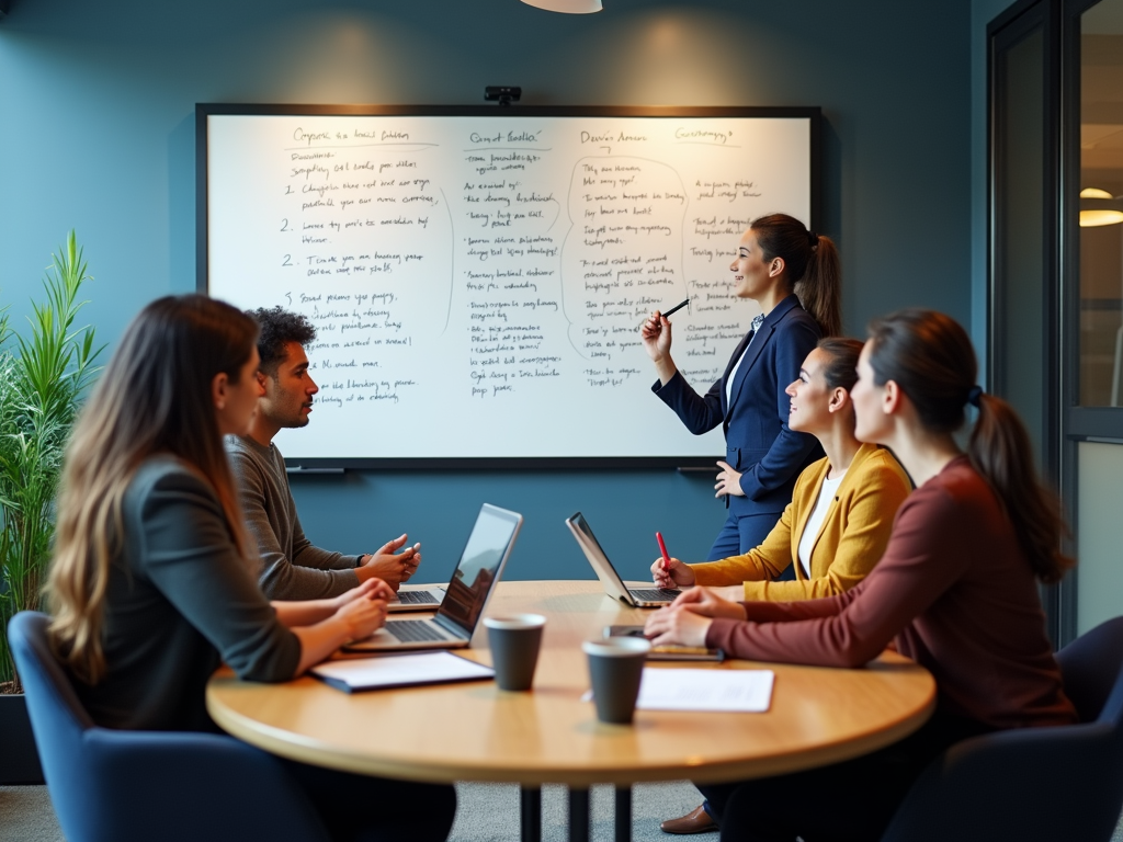 A business meeting with six professionals discussing ideas at a table in front of a whiteboard filled with notes.