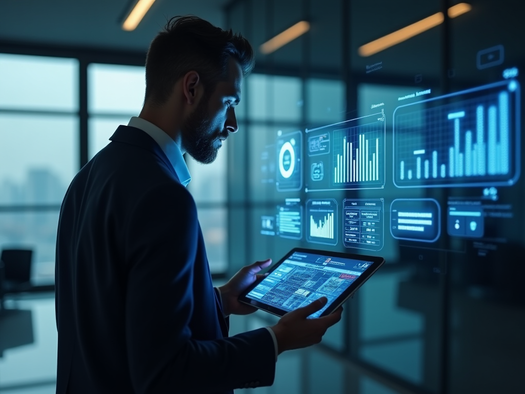 Man in suit analyzing data on futuristic holographic screens and tablet.