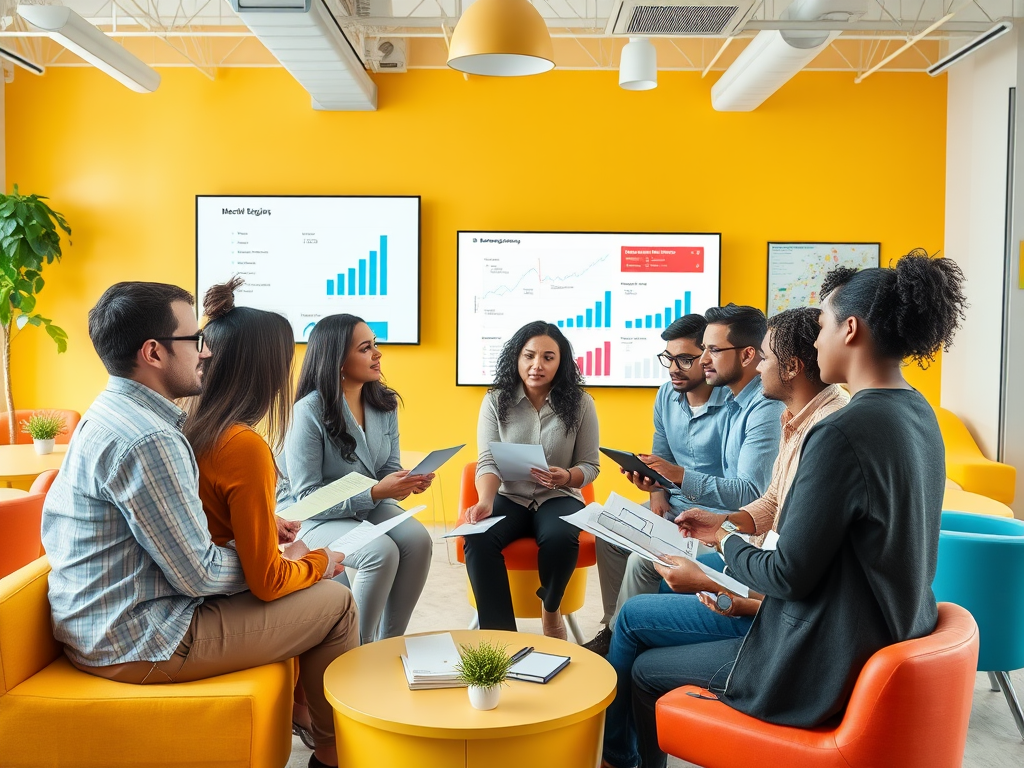 A group of eight people in a colorful meeting space, discussing data displayed on screens.