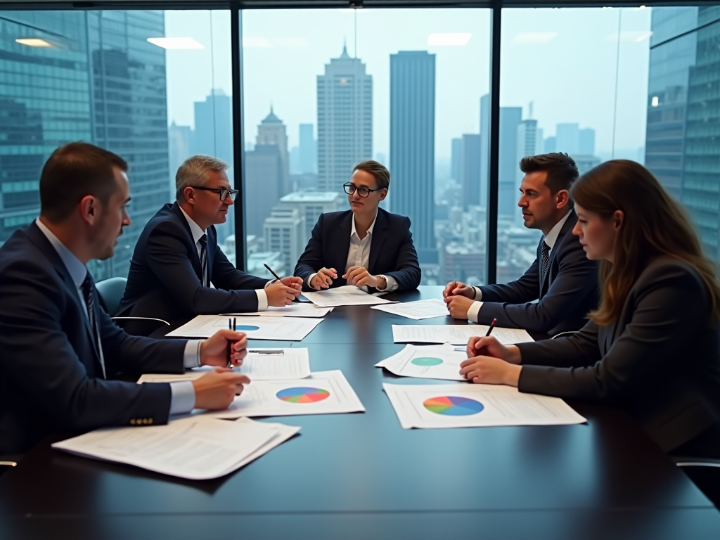 Five professionals in a meeting, discussing over documents with city skyline in background.