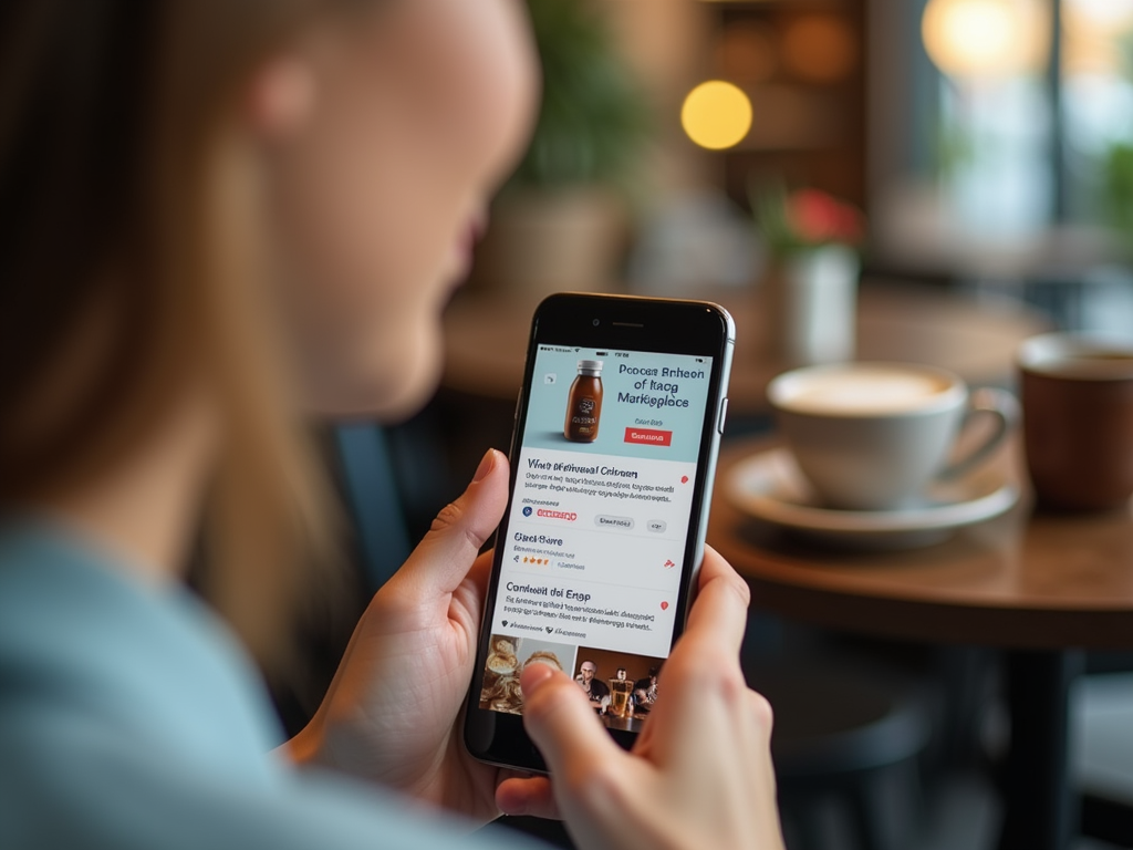 Woman using smartphone, browsing marketplace listings at a cafe with coffee cups in the background.