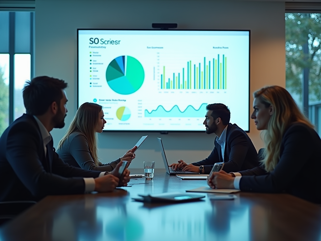 A business meeting occurs with four professionals discussing graphs and data on a screen in a modern conference room.