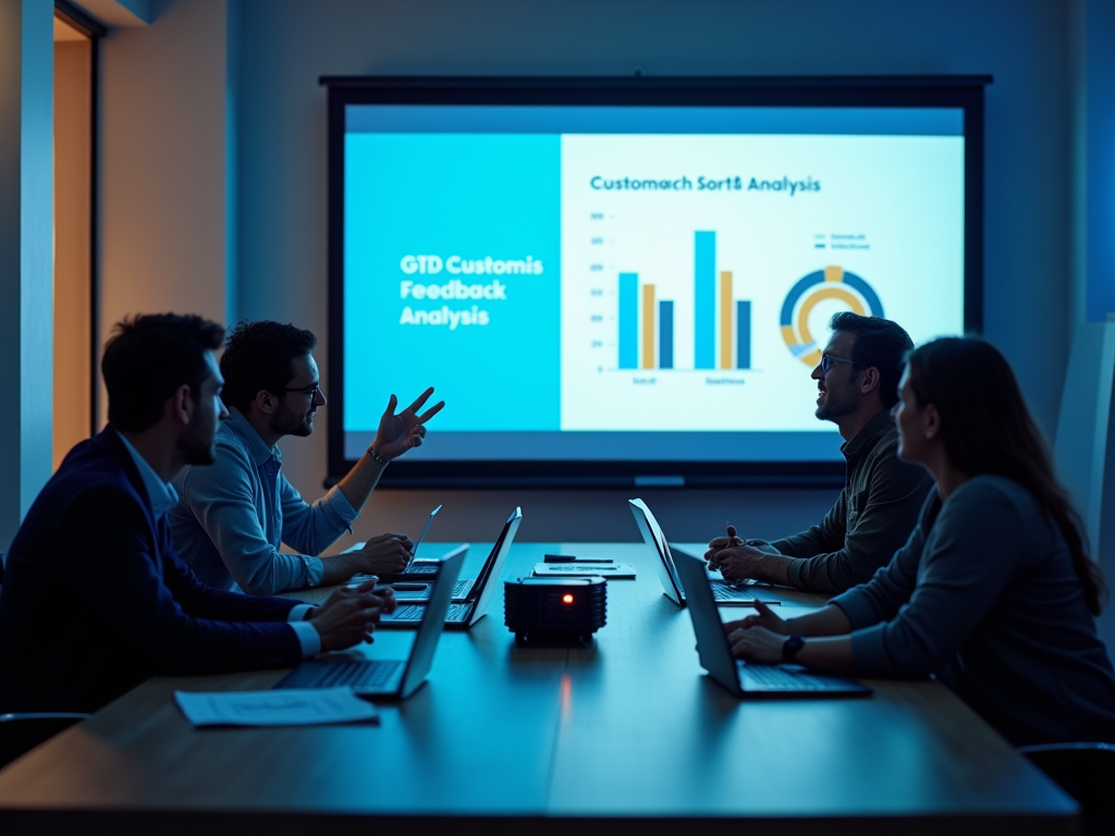 A group of four people in a meeting room discussing data displayed on a projector screen with graphs.