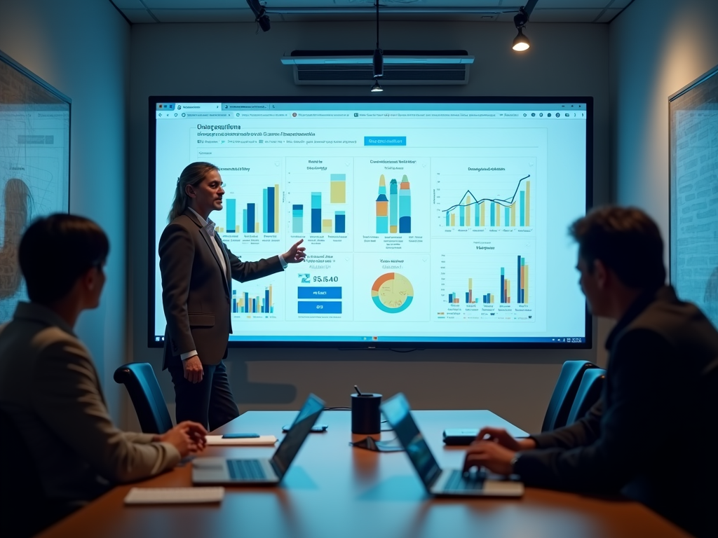 Businesswoman presents data charts to colleagues in a meeting room with a large screen.