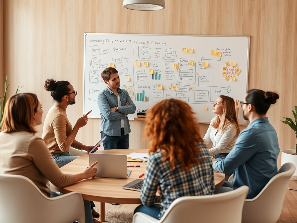 A group of professionals in a meeting discussing ideas with notes on a whiteboard and a laptop on the table.