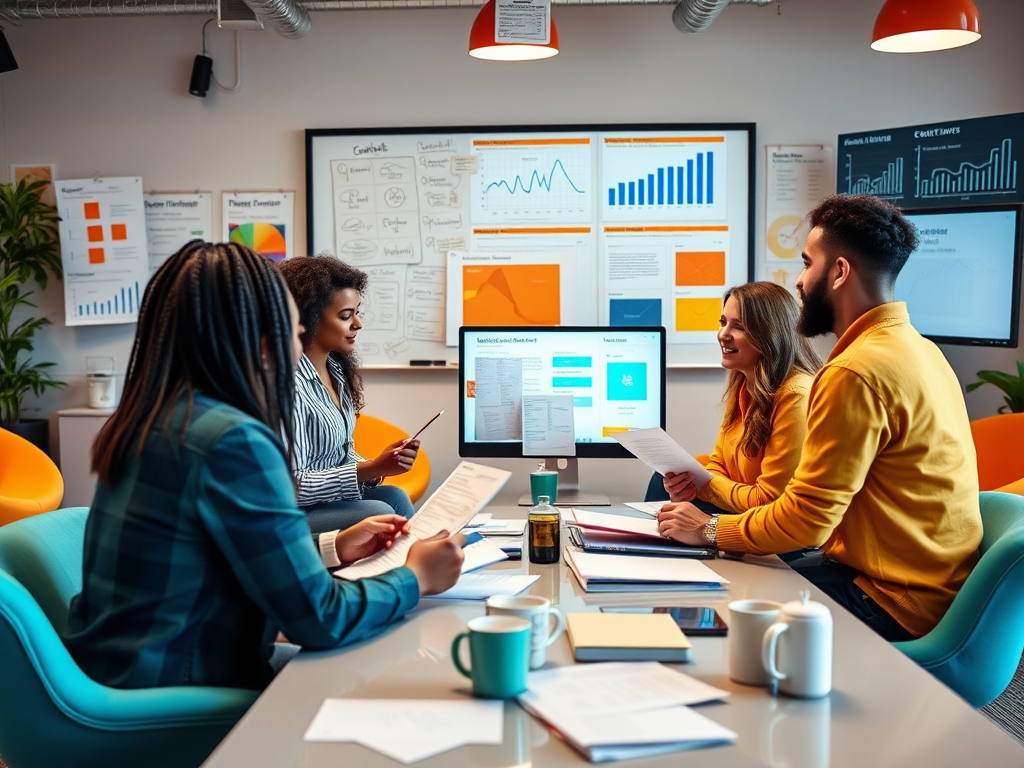 A team of five professionals discussing work while reviewing documents and data on a computer in a bright office setting.