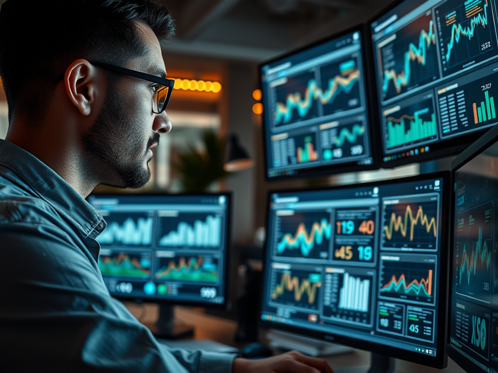 A man with glasses is analyzing data on multiple computer screens featuring various graphs and metrics.