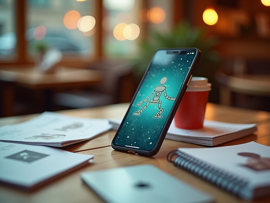 Smartphone on a table displaying an astronaut wallpaper, surrounded by notebooks and a red coffee cup.