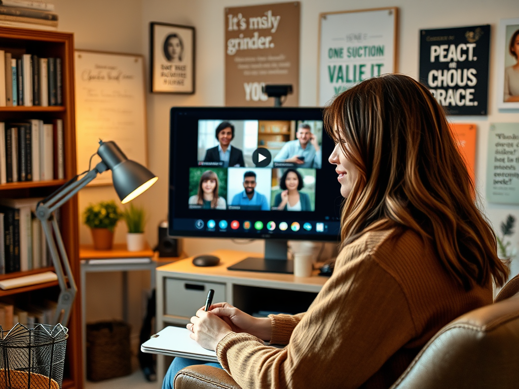 A person in a cozy space attends a video call with multiple participants, taking notes and engaged in conversation.