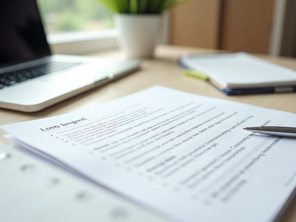 A close-up of a document on a desk with a laptop, a notebook, and a potted plant in the background.