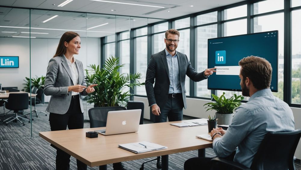 Деловая встреча в офисе с использованием LinkedIn на большом экране.